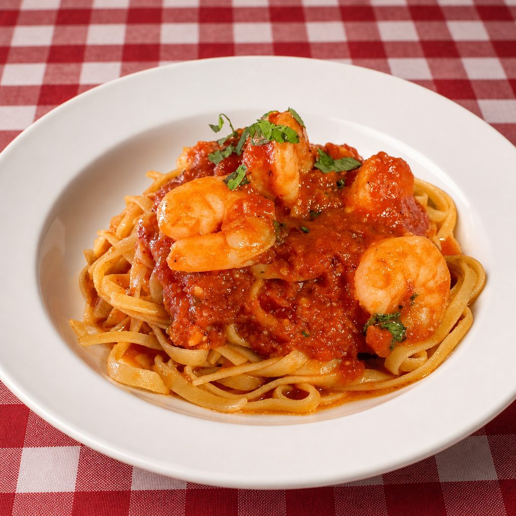 Seafood Over Pasta.